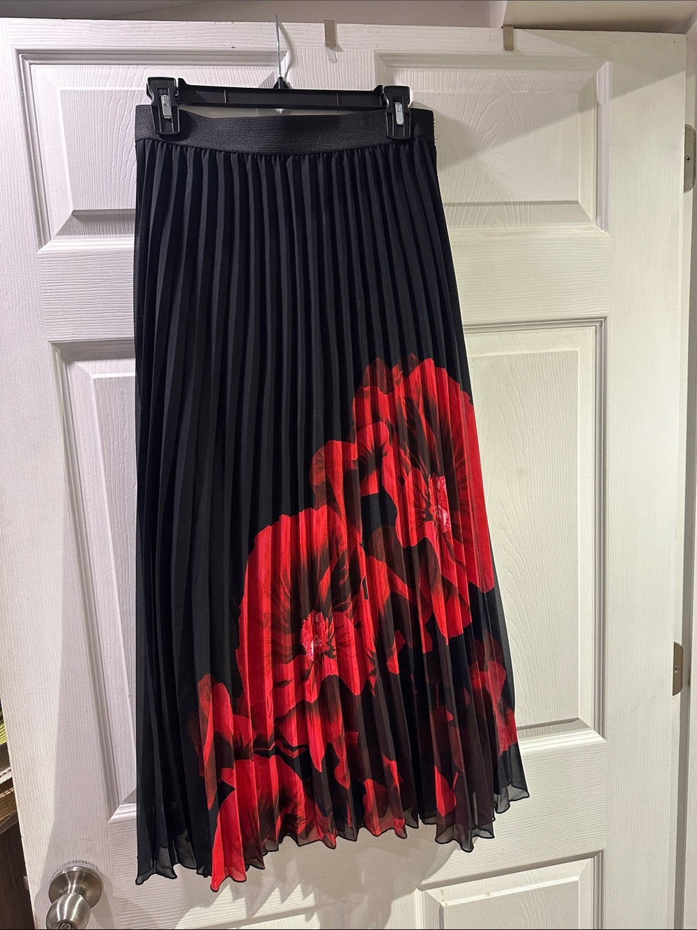 Joie Black Pleated Midi Skirt with Red Floral Accent